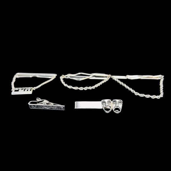 Vintage Lot Of 5 Silver Tone Men's Tie Bars (5029) - Picture 1 of 5